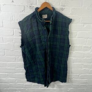 Garnet Hill Men's Plaid Button-Up Shirt Sleeveless Collared Green Black Size M